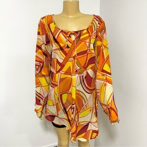 Millenium Womens Orange Abstract Geometric Sheer Tunic Bell‎ Sleeve Top Size 18